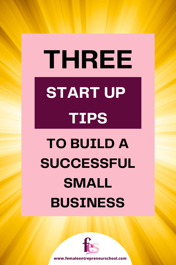 Three Start Up Tips to Build A Successful Small Business. Text on pink and yellow background