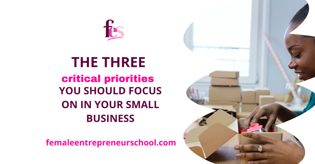 Text the reads Three critical priorities you should focus on in your small business, with an image of a female business owner packing a parcel to the right