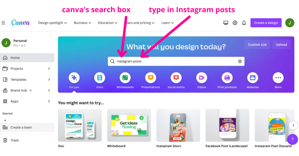 Canvas search bar in the Canva dashboard