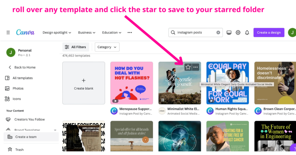 click the canva star to add a template to your starred folder