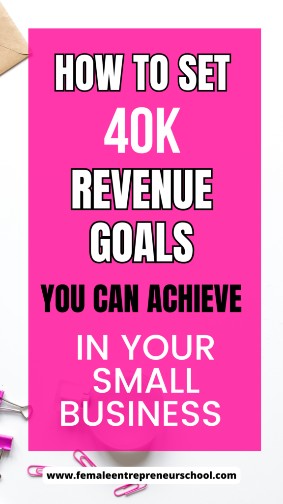 How to set 40k revenue goals you can achieve in your small business, on pink background, with white office stationery as an image behind