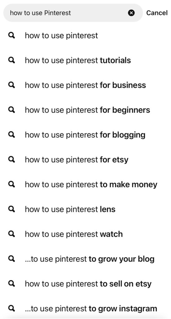 list of Pinterest keywords using the search term 'how to use pinterest'