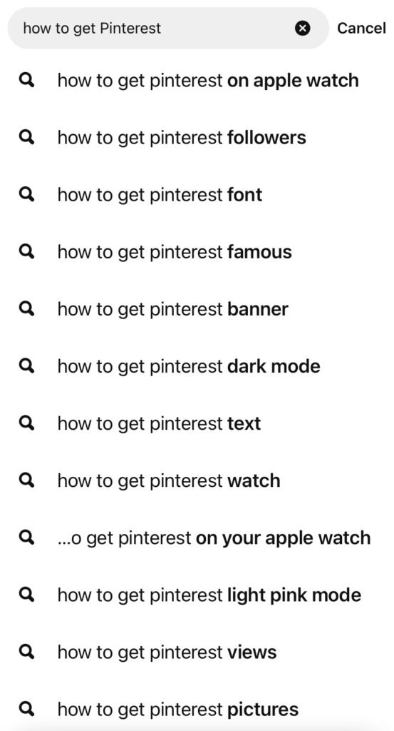 list of Pinterest keywords using the search term 'how to get pinterest'