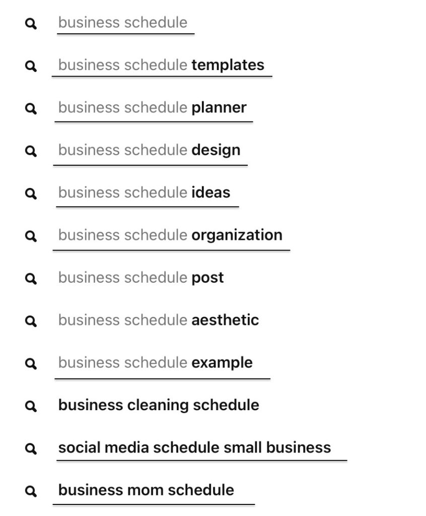 list showing the outcome of a pinterest keyword search for the term business schedule