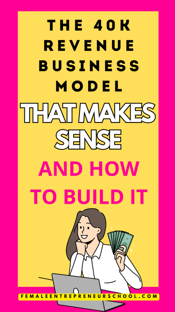 THE 40K REVENUE BUSINESS MODEL THAT MAKES SENSE AND HOW TO BUILD IT - with image of woman climbing a ladder to put gold coins in a round jar.